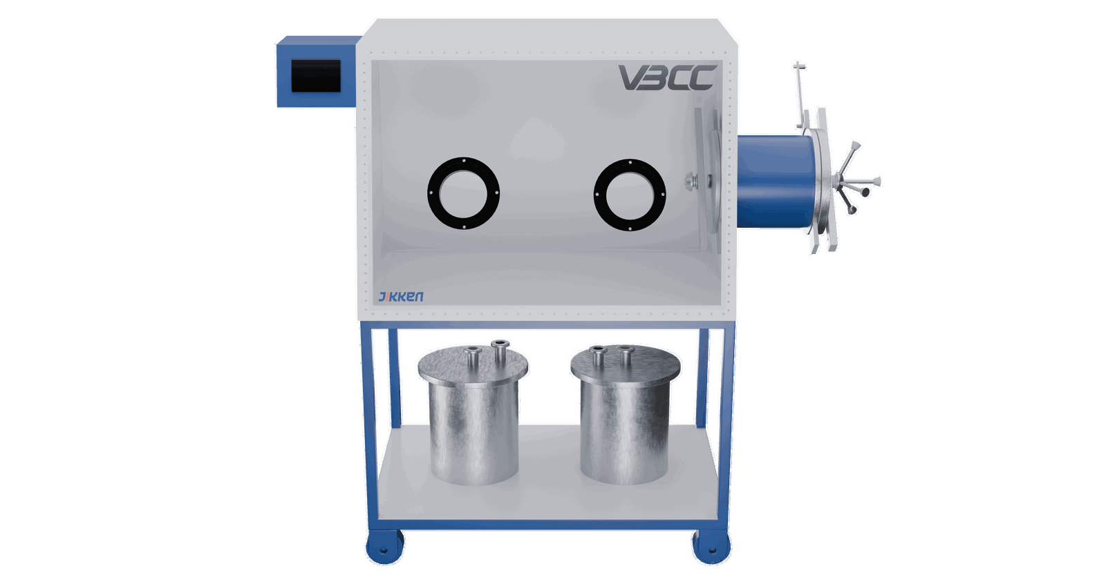 Spacious glove box (1200 x 900 x 800 mm) for air-sensitive samples, featuring polycarbonate glass and a cylindrical antechamber